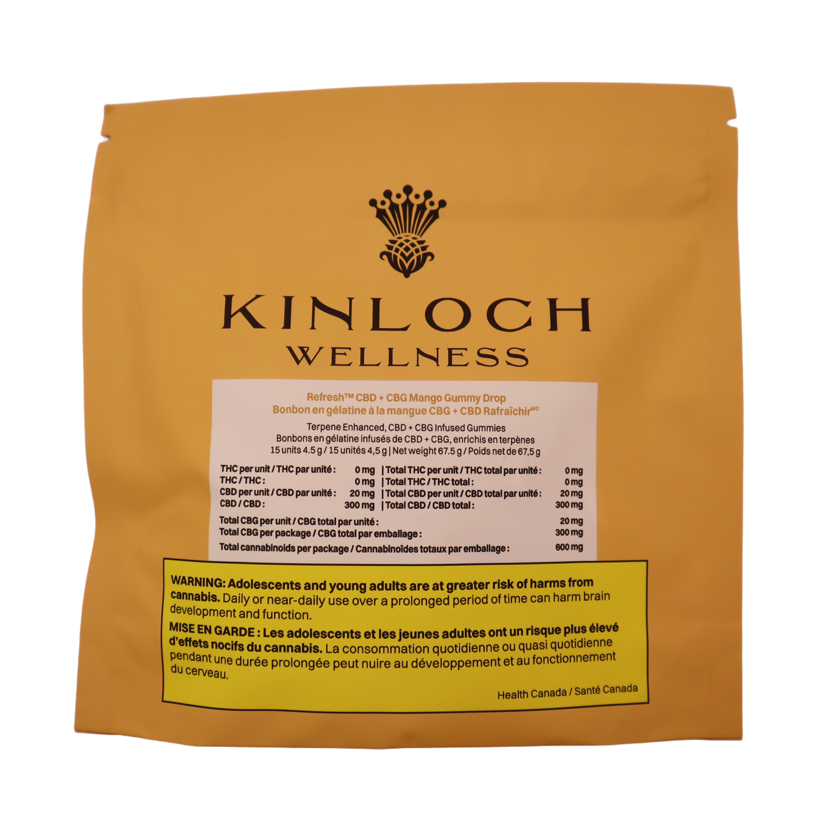 Back of the Kinloch Wellness Refresh CBG + CBD Mango Gummy Drop pouch showing the cannabinoid content table and bilingual health warning label.