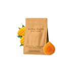 Tan Kinloch Wellness pouch for Refresh CBG + CBD Mango Gummy Drop 15 pack, with sliced mango halves and one orange teardrop-shaped gummy beside it.
