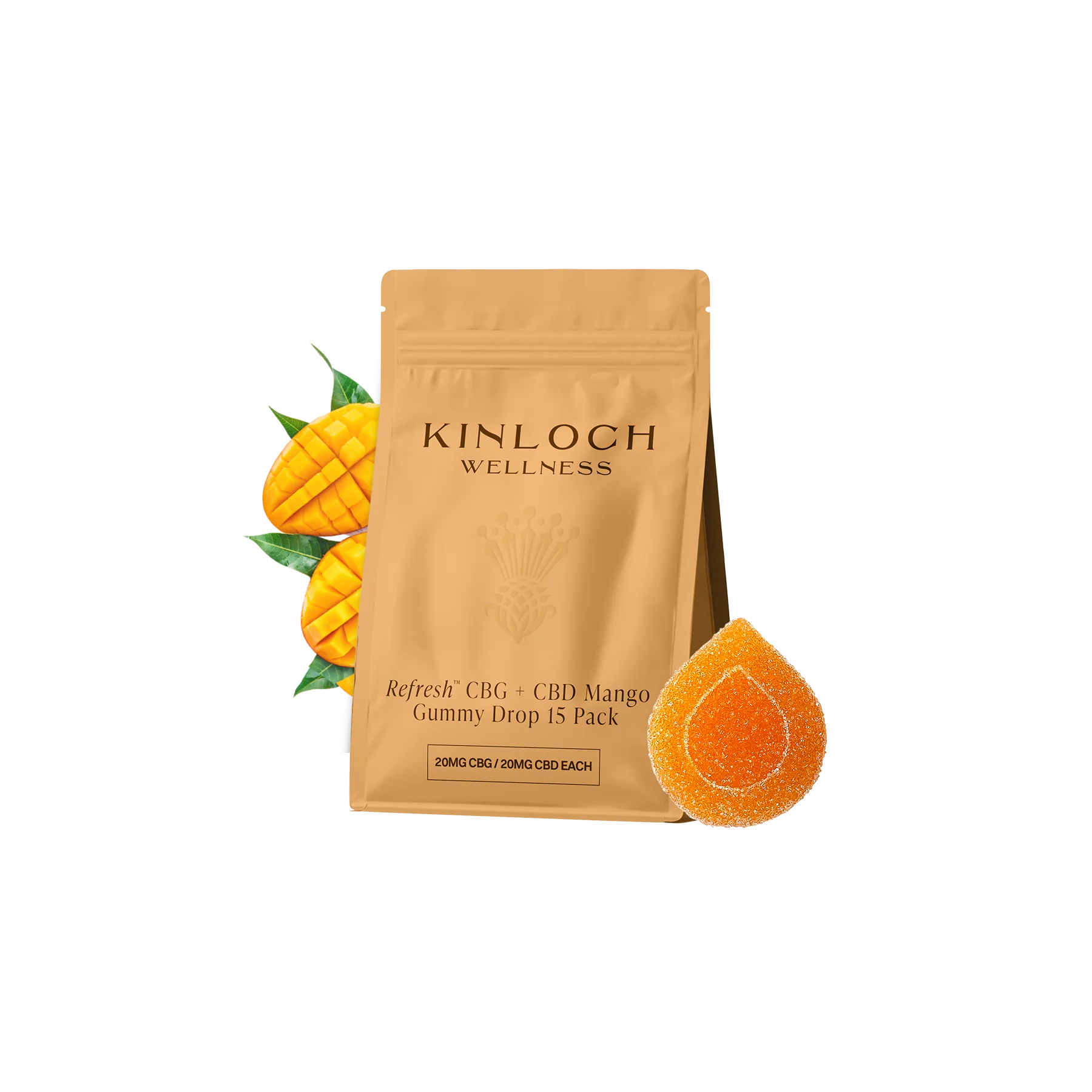 Tan Kinloch Wellness pouch for Refresh CBG + CBD Mango Gummy Drop 15 pack, with sliced mango halves and one orange teardrop-shaped gummy beside it.