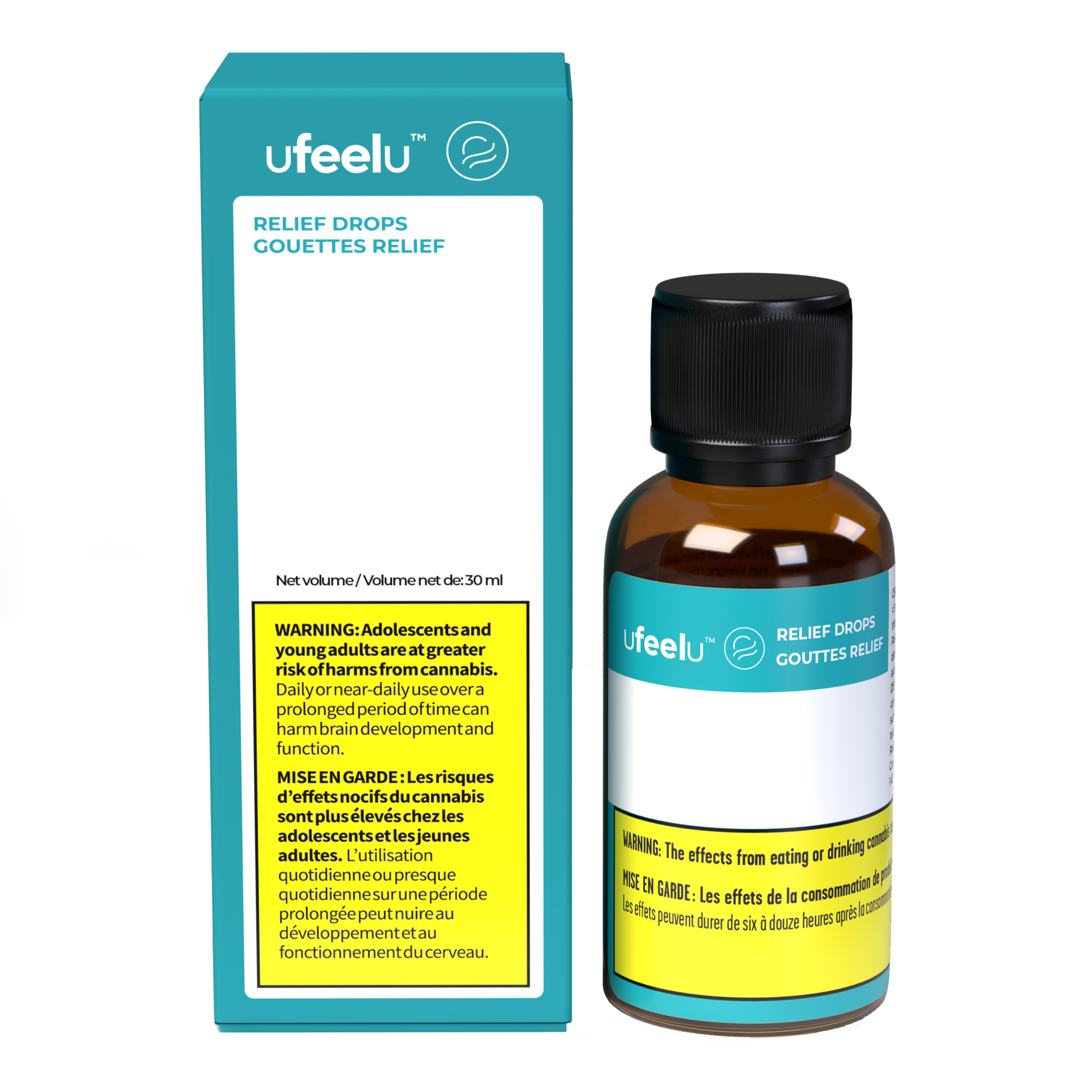 Teal box and amber dropper bottle for Ufeelu Relief Drops, 30 mL, with cannabis warning label text.