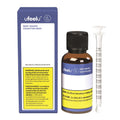 UfeelU Rest Drops box, amber tincture bottle with dropper cap, and an oral dosing syringe marked in milliliters