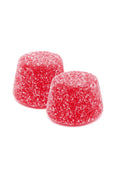 Two red, sugar-coated gummy candies with a faceted dome shape.