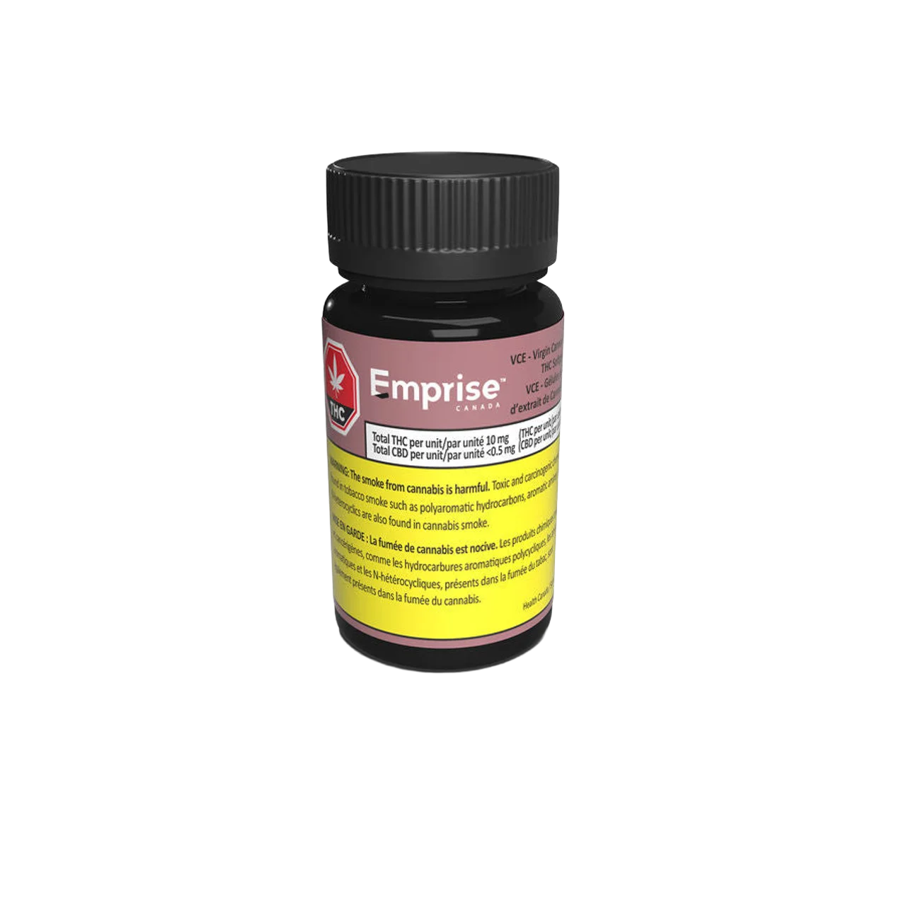 Close-up angled view of the Emprise VCE softgel bottle showing its pink and yellow label and black cap.