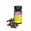 Amber glass bottle labeled Emprise VCE Virgin Cannabis Extract THC Softgels beside a pile of dark red softgel capsules.
