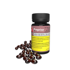 Amber glass bottle labeled Emprise VCE Virgin Cannabis Extract THC Softgels beside a pile of dark red softgel capsules.