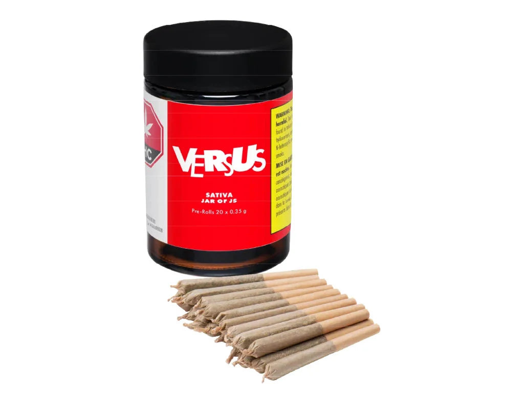 Black-capped jar labeled Versus Sativa Jar of Js pre-rolls 20 x 0.35g, with a row of pre-rolled joints laid in front.
