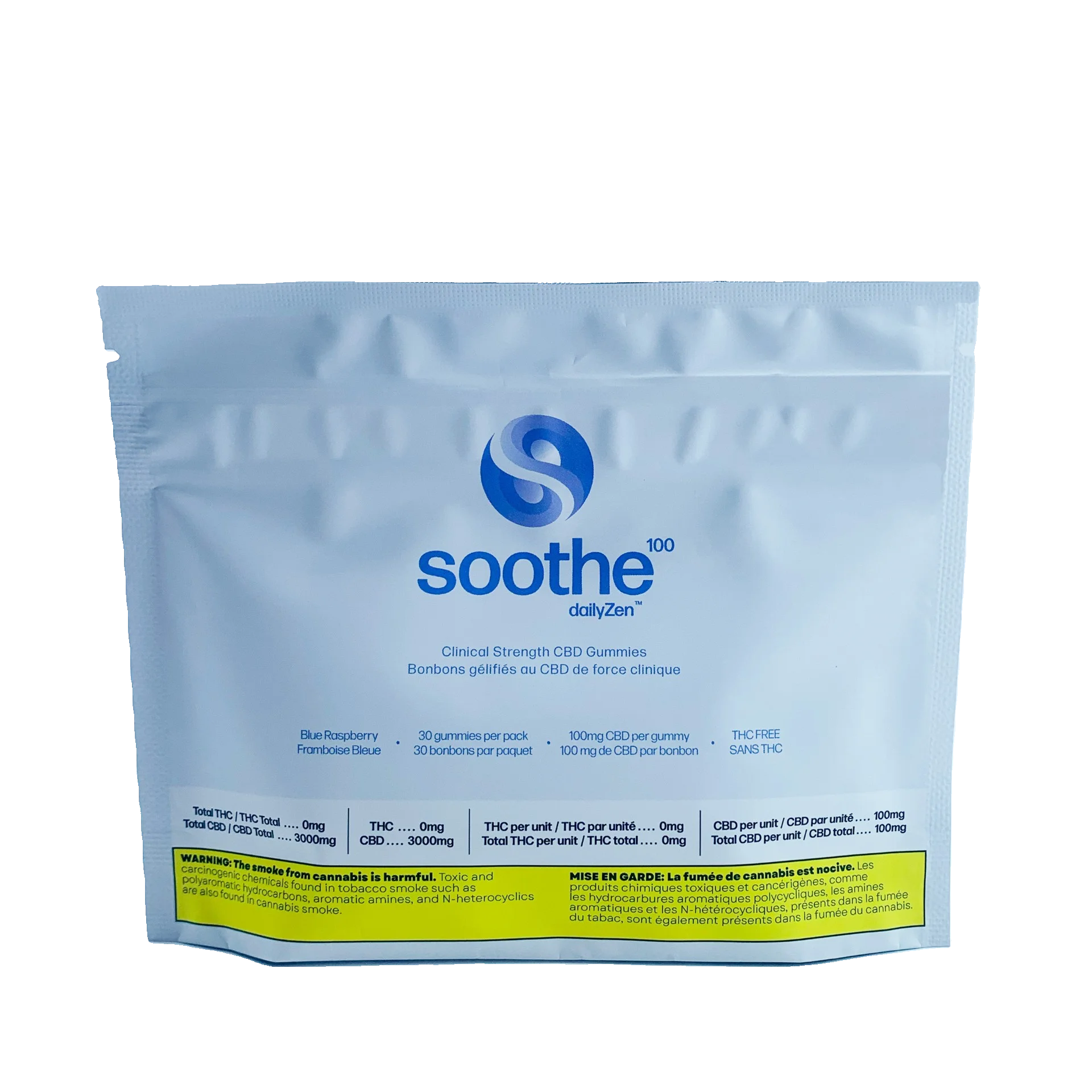 Light blue resealable pouch for Soothe 100 dailyZen Blue Raspberry CBD gummies, listing 30 gummies per pack and 100mg CBD per gummy.