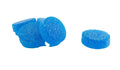 Several blue sugar-coated gummy pieces for Soothe Blue Raspberry CBD, some stacked together and one set apart.