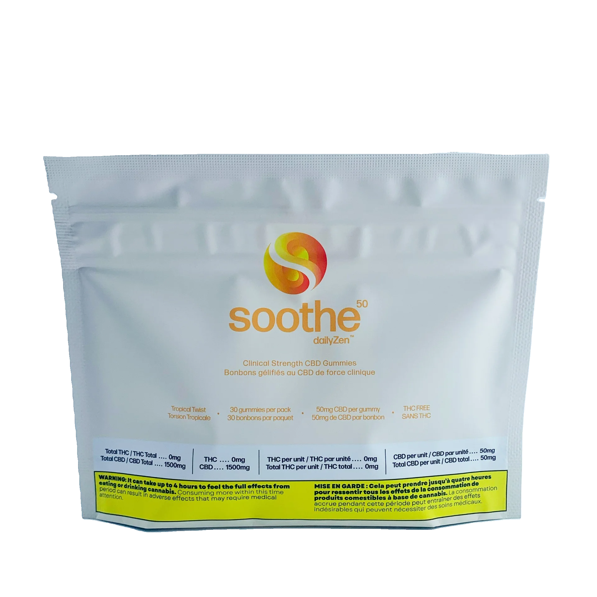 White resealable pouch of Soothe dailyZen Tropical Twist CBD Gummies listing 30 gummies per pack at 50mg CBD each and THC free.