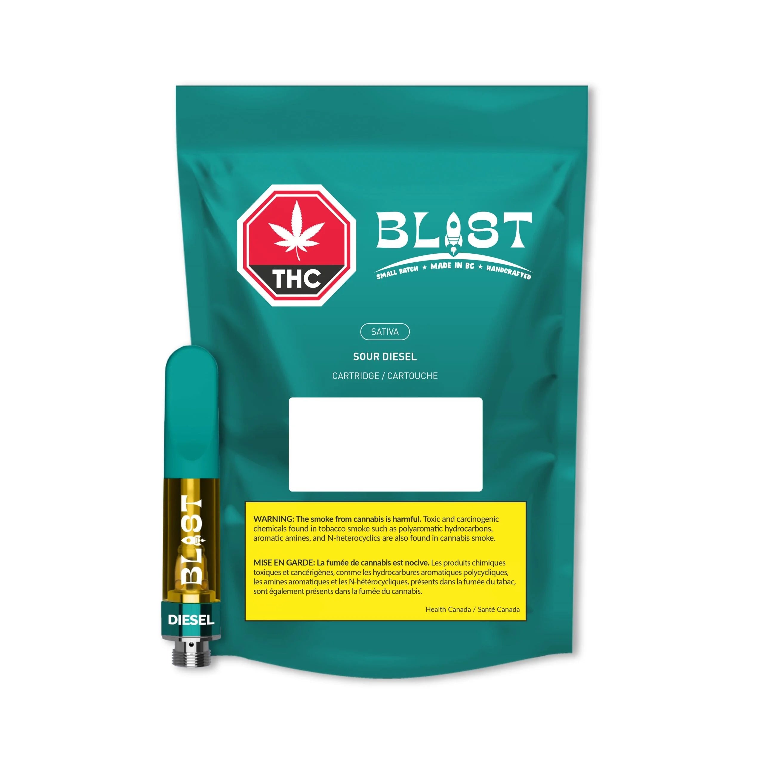 Teal Blast Sour Diesel vape cartridge packaging beside the teal cartridge labeled Diesel with amber oil visible inside.