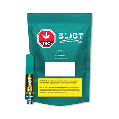 Teal Blast Sour Diesel vape cartridge packaging beside the teal cartridge labeled Diesel with amber oil visible inside.
