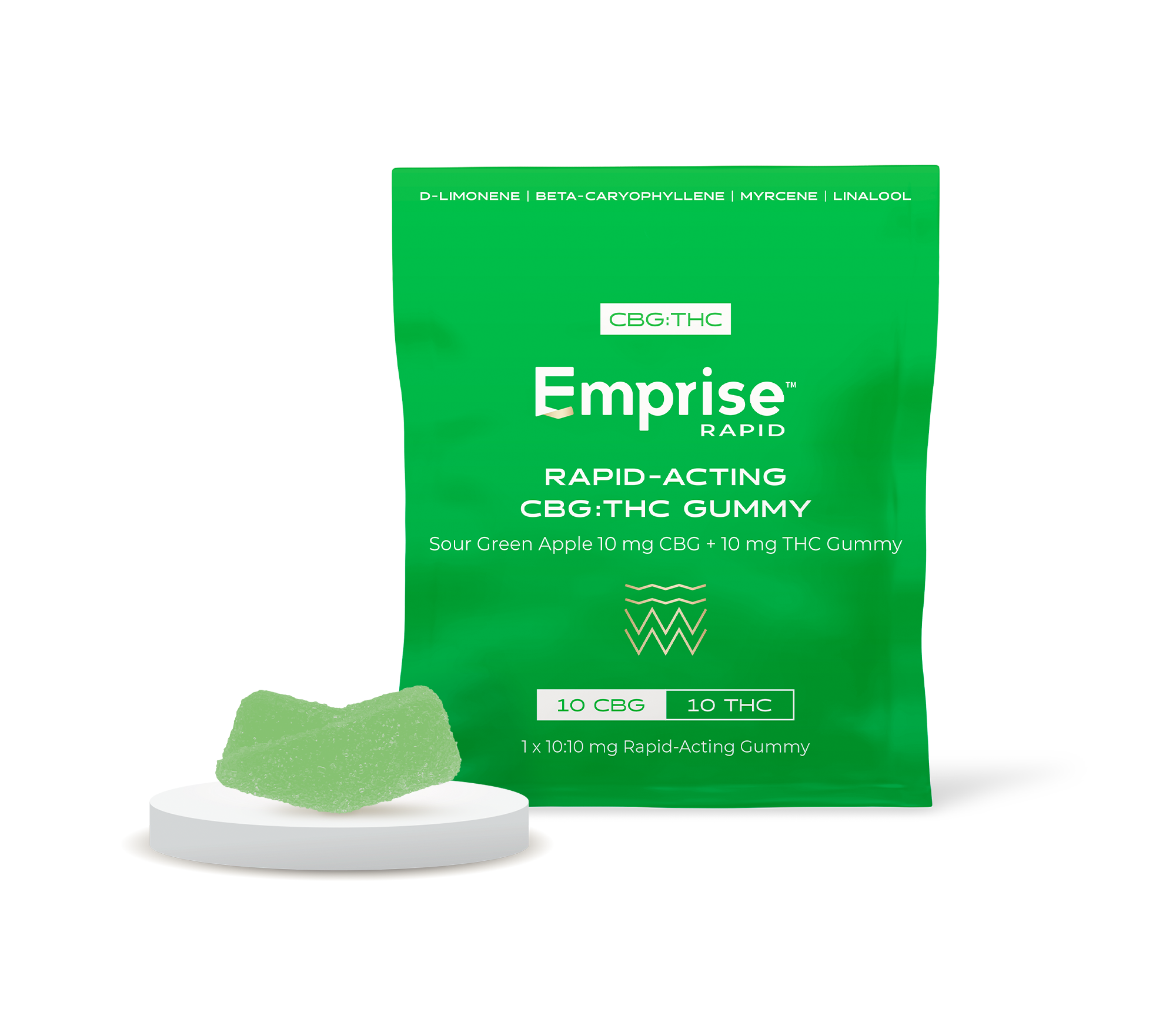 Green Emprise Rapid pouch for Sour Green Apple 10 mg CBG plus 10 mg THC Gummy, with a green gummy candy displayed on a small stand in front