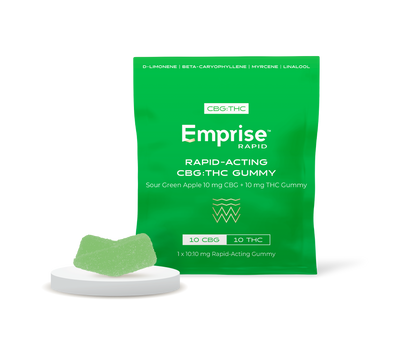 Green Emprise Rapid pouch for Sour Green Apple 10 mg CBG plus 10 mg THC Gummy, with a green gummy candy displayed on a small stand in front