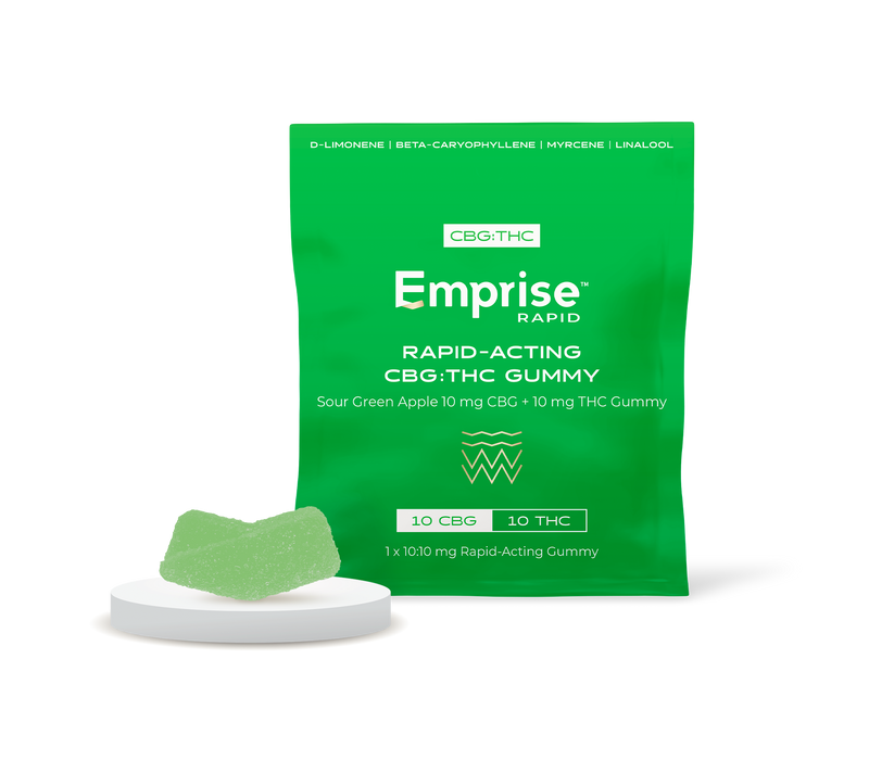 Green Emprise Rapid pouch for Sour Green Apple 10 mg CBG plus 10 mg THC Gummy, with a green gummy candy displayed on a small stand in front