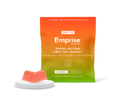 Orange-to-green gradient pouch for Emprise Rapid Sour Strawberry Kiwi CBN:THC gummy, displayed beside a single pink gummy wedge on a round white pedestal.