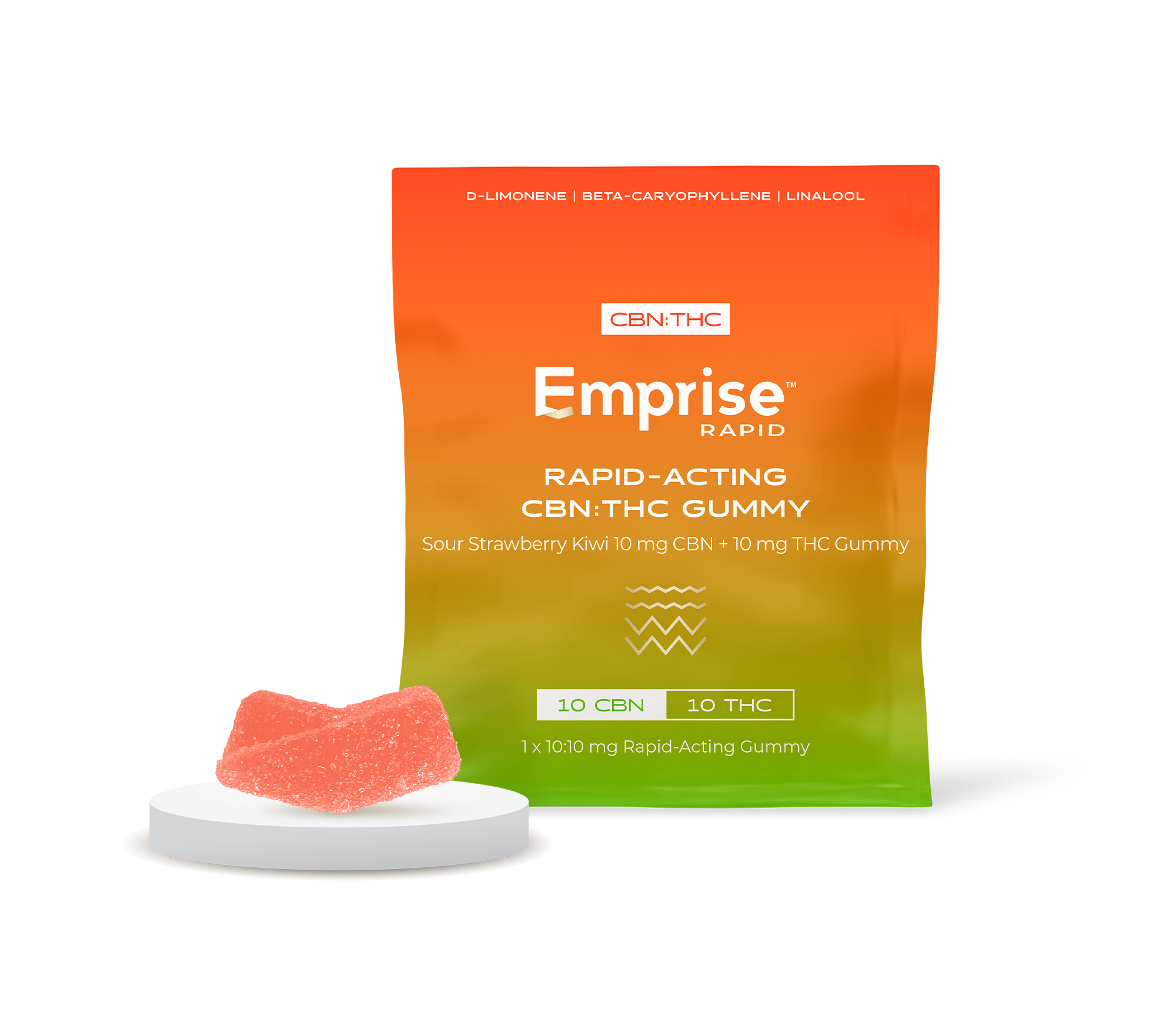 Orange-to-green gradient pouch for Emprise Rapid Sour Strawberry Kiwi CBN:THC gummy, displayed beside a single pink gummy wedge on a round white pedestal.
