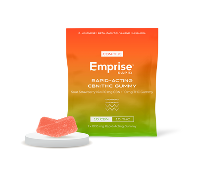 Orange-to-green gradient pouch for Emprise Rapid Sour Strawberry Kiwi CBN:THC gummy, displayed beside a single pink gummy wedge on a round white pedestal.