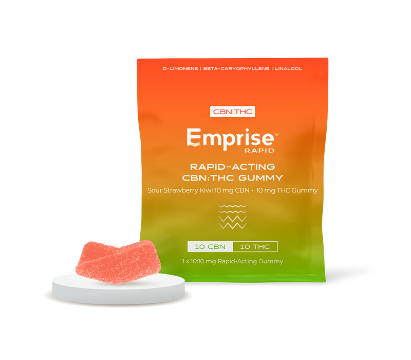 Orange-to-green gradient pouch for Emprise Rapid Sour Strawberry Kiwi CBN:THC gummy, displayed beside a single pink gummy wedge on a round white pedestal.