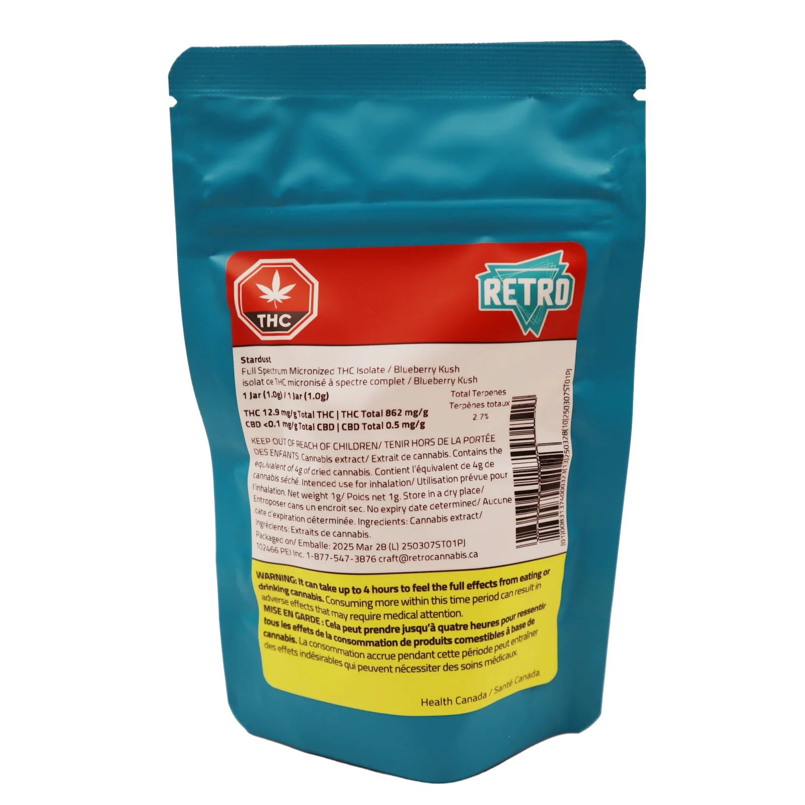 Back of the teal Retro Stardust pouch showing Blueberry Kush strain details, THC content, and Health Canada warning text