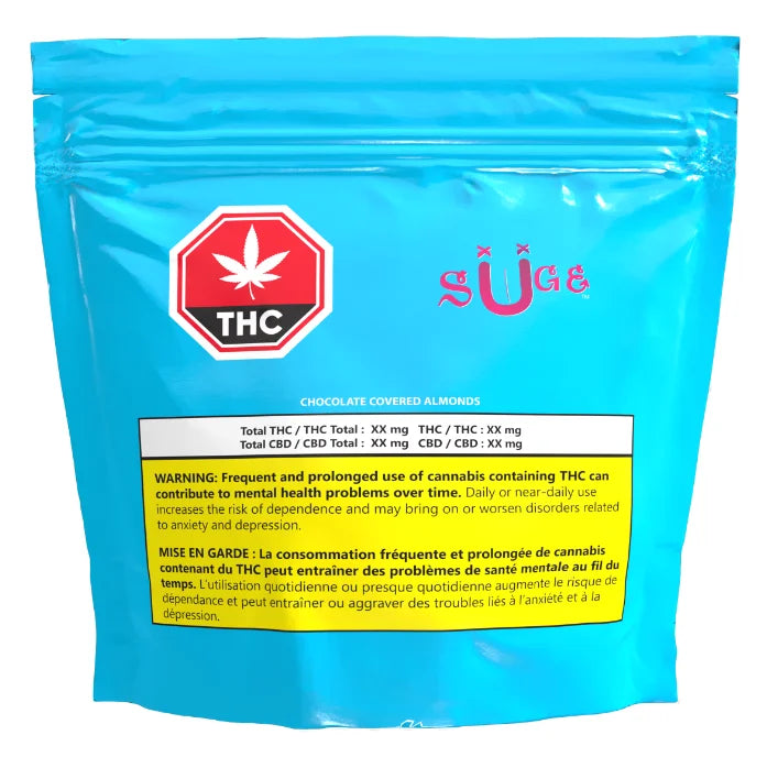 Teal mylar packaging bag for Suge Chocolate Covered Almonds, showing the THC symbol and cannabis warning label.