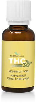 Amber glass dropper bottle with white cap and yellow MediPharm Labs THC30 Olive Oil Formula label.