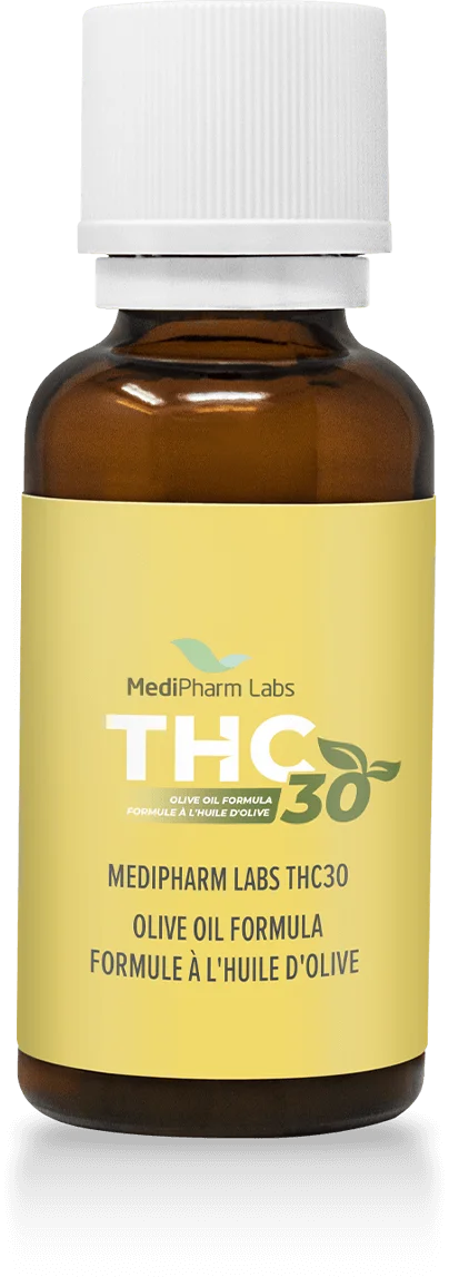 Amber glass dropper bottle with white cap and yellow MediPharm Labs THC30 Olive Oil Formula label.