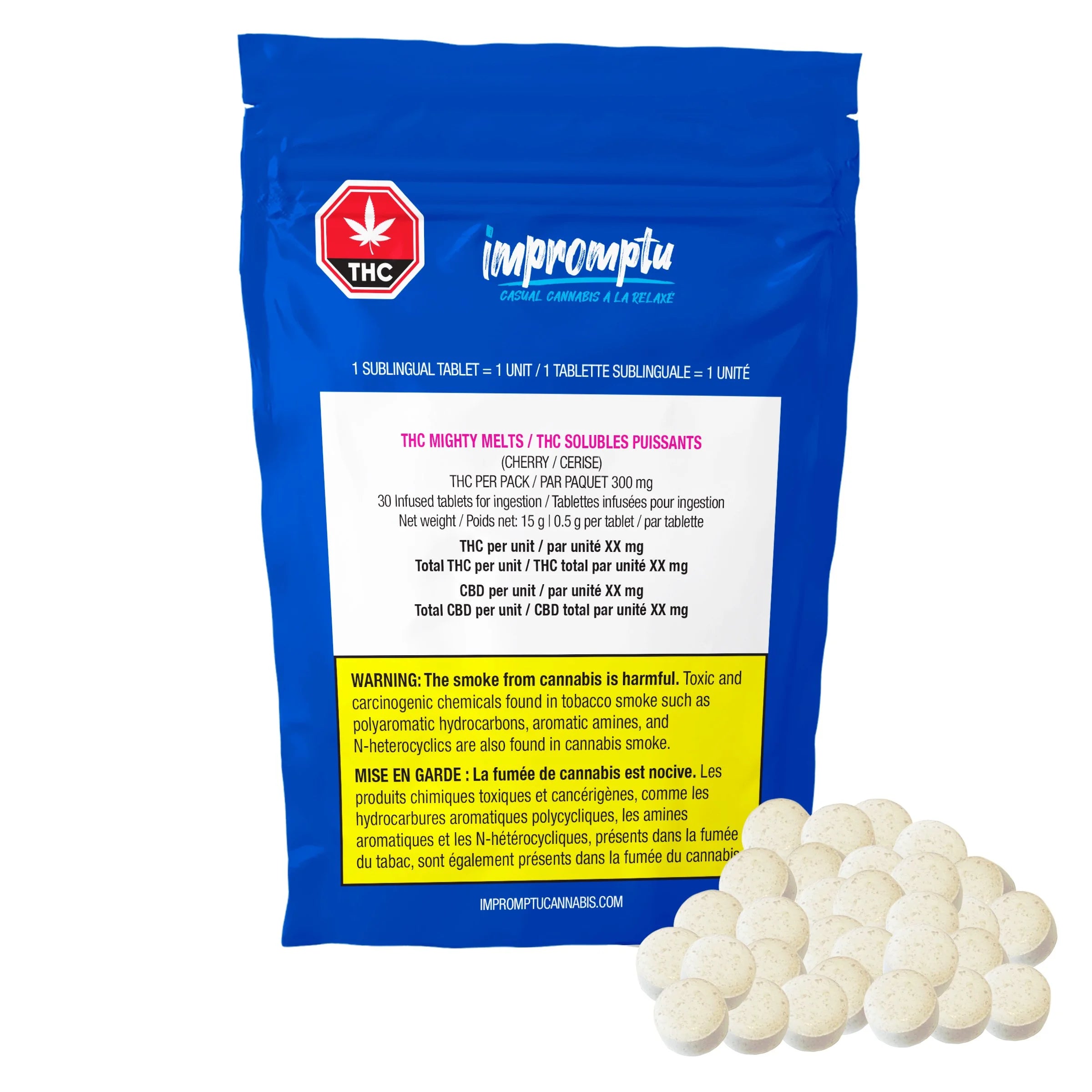 Blue Impromptu THC Mighty Melts cherry-flavour sublingual tablet pack, 30 count, with loose round white tablets piled in front.