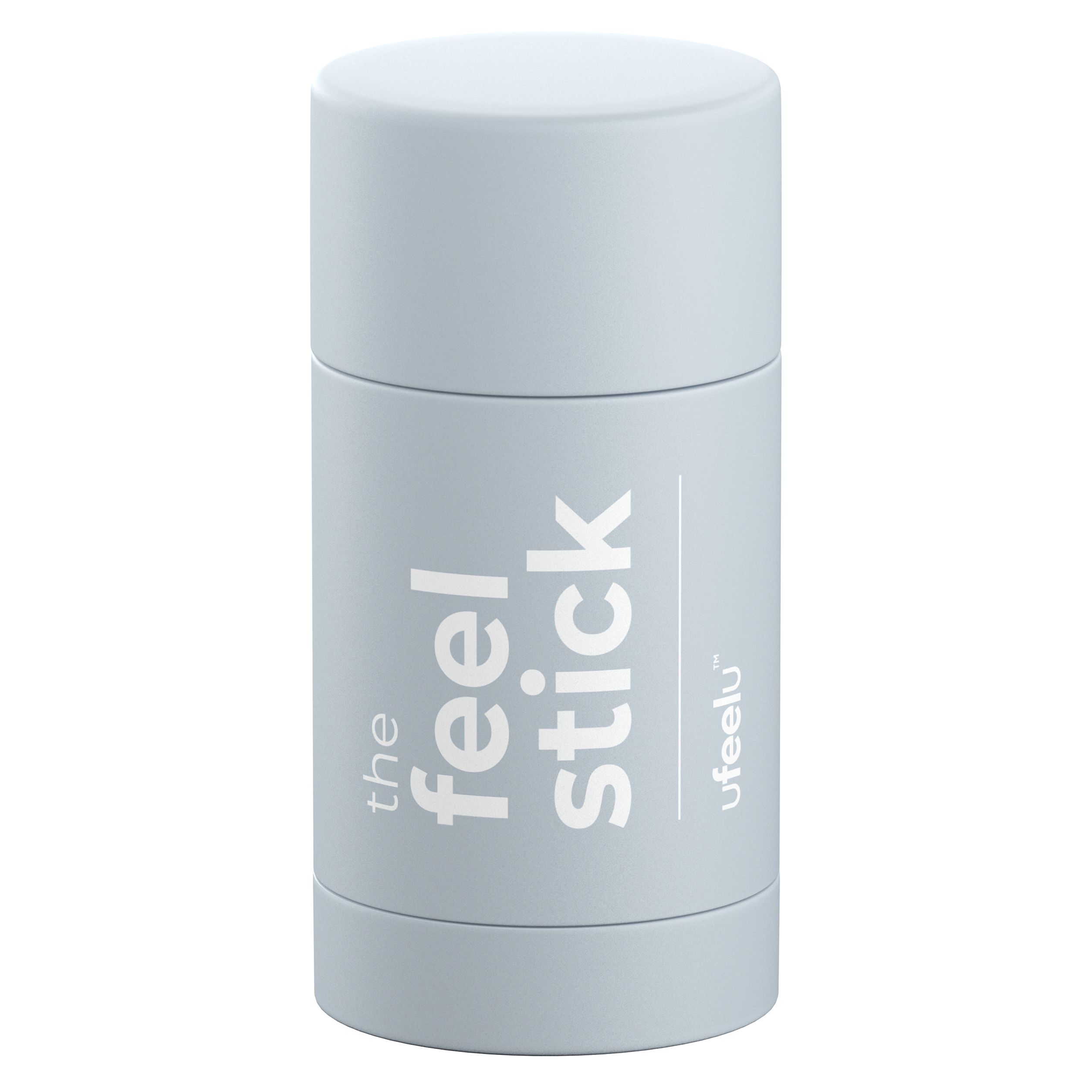 Light gray cylindrical stick container labeled "the feel stick" by ufeelu, standing upright on a white background.