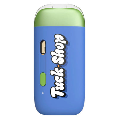 Blue and green all-in-one vape device with the Tuck Shop logo printed along its side.