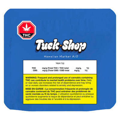 Blue packaging pouch for Tuck Shop Hawaiian Marker Cured Resin AIO Vape (1g), with THC symbol and bilingual health warning.