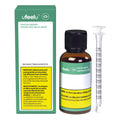 Ufeelu Focus Drops box, amber dropper bottle, and dosing syringe marked in milliliter increments, arranged side by side.