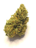 Close-up of a dense, trichome-covered Umpqua cannabis flower bud on a white background.