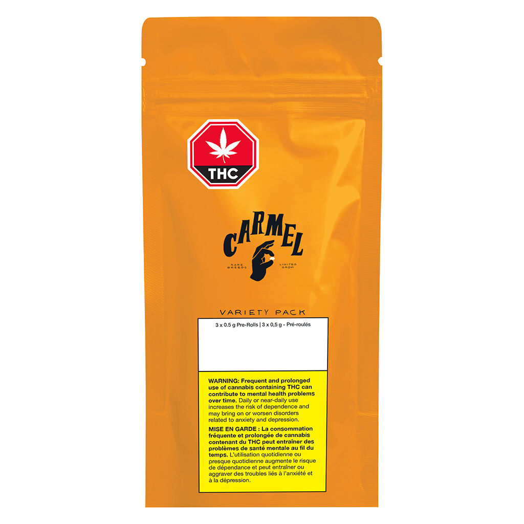 Orange Carmel-branded packaging pouch for the Variety Pack pre-rolls, marked with a THC symbol, "3 x 0.5 g Pre-Rolls" label, and a bilingual mental health warning.