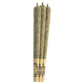 Three tan-papered pre-rolled joints branded Carmel standing upright side by side.