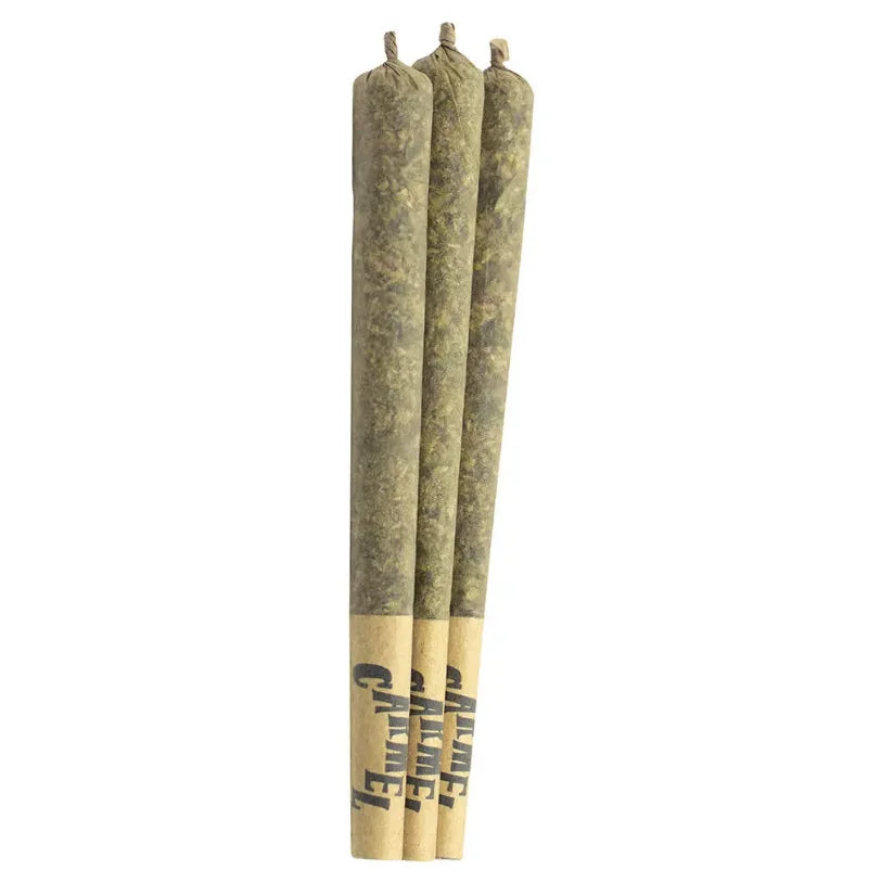 Three tan-papered pre-rolled joints branded Carmel standing upright side by side.