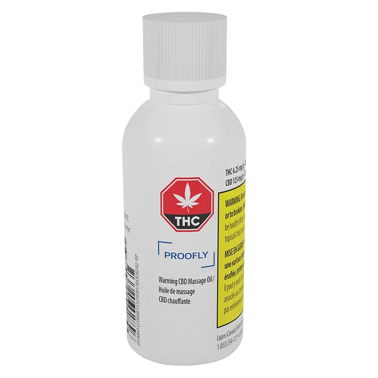 White plastic bottle of Proofly Warming CBD Massage Oil with a THC symbol and bilingual label text.