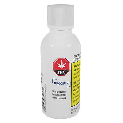 White squeeze bottle of Proofly Water-Based Unisex Lubricant with a THC symbol and product label.